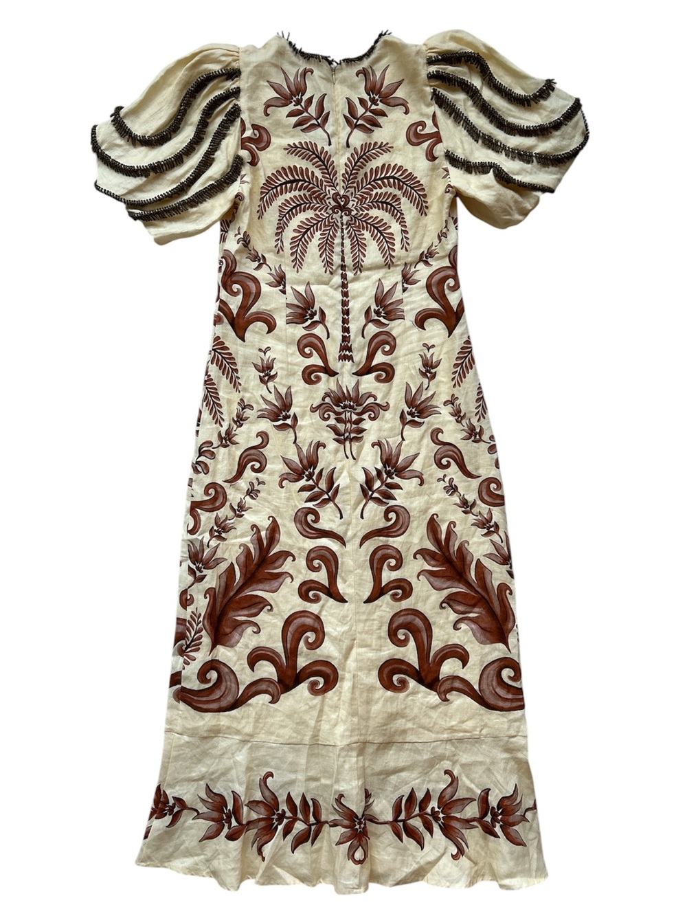 FARM Rio Milani Bead Trim Puff-Sleeve Linen Maxi Dress Size Medium NWT - Picture 6 of 8
